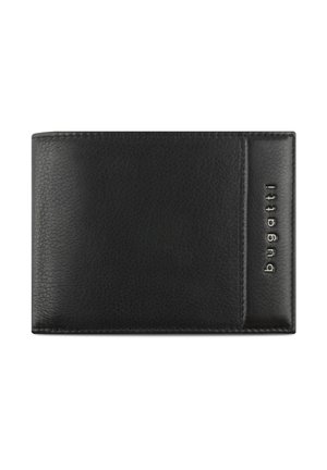 Portefeuille en cuir noir avec une texture lisse, doté d'une fente latérale pour cartes et d'un motif logo en relief à l'avant. Forme rectangulaire.