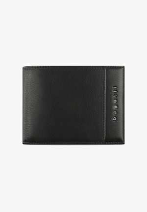 Cartera de cuero negro con una textura suave, que presenta un slot lateral para tarjetas y un detalle de logotipo en relieve en la parte frontal. Forma rectangular.