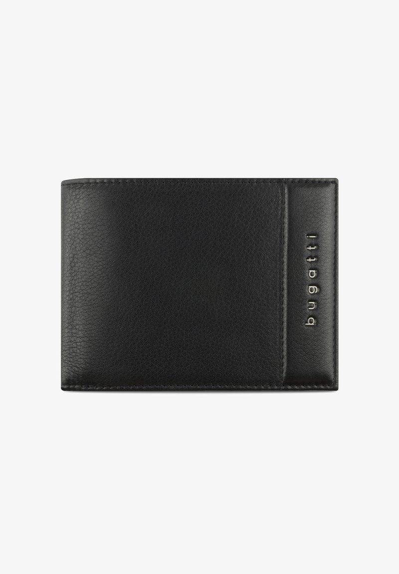 Black leather wallet with a smooth texture, featuring a side card slot and embossed logo detail on the front. Rectangular shape.