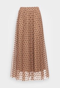 Jupe midi en tulle marron à pois, avec une taille élastique, dotée d'un superposition transparente et d'une finition fluide.