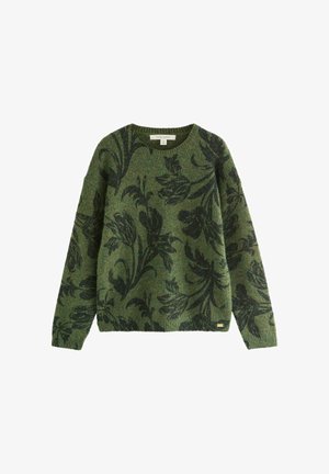 Pull vert avec motif floral noir, texture tricotée et col rond. Présente des poignets et un ourlet côtelés, avec un petit accent logo en bas.