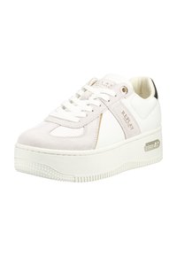 Baskets à plateforme blanches et gris clair avec laçage à l'avant, panneaux en daim et cuir, et marquage "Replay" sur le côté et la semelle.