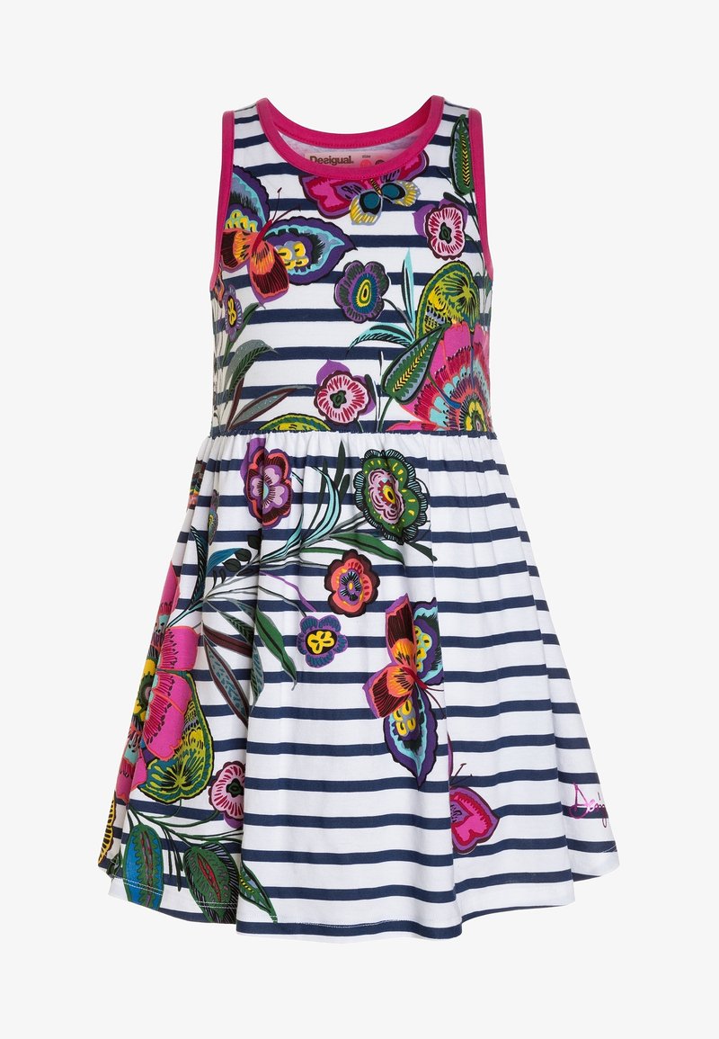 Robe enfant sans manches avec des rayures horizontales bleu marine et blanches, motifs floraux et papillons multicolores vibrants, et bordure rose sur l’encolure et les bras.