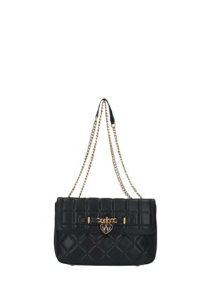 Borsa nera trapuntata con tracolla a catena dorata e dettaglio di lucchetto a forma di cuore dorato sulla patta frontale.