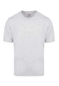 Grijze T-shirt met korte mouwen, gemaakt van zachte, gestructureerde stof. Heeft een klassiek ronde halslijn en een ontspannen pasvorm zonder logo's of patronen.