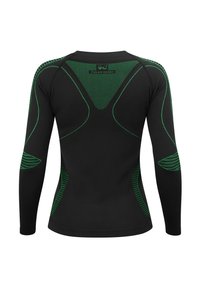 Schwarzes Langarmshirt mit grünen Akzenten, das ein strukturiertes, geripptes Muster entlang der Schultern und Ärmel aufweist.