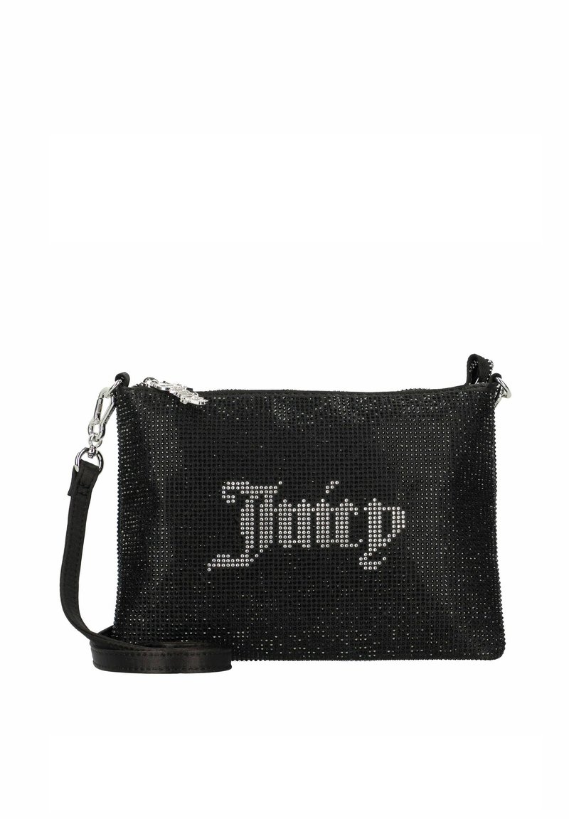 Sac bandoulière rectangulaire noir avec petits clous, fermeture éclair argentée, sangle et texte "Juicy" en strass sur le devant.