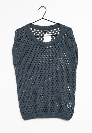Dark gray, knitted sweater with a loose, open crochet design, round neckline, and short sleeves, displayed on a black hanger.