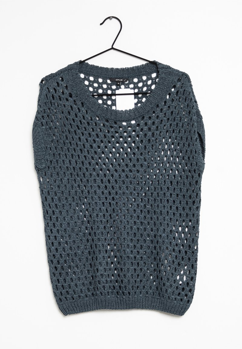 Dunkelgrauer, gestrickter Pullover mit einem lockeren, offenen Häkelmuster, rundem Ausschnitt und kurzen Ärmeln, präsentiert an einem schwarzen Kleiderhänger.