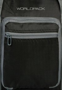 Black fabric backpack featuring mesh texture, a front zippered pocket with gray accents, and 'WORLDPACK' logo at the top.