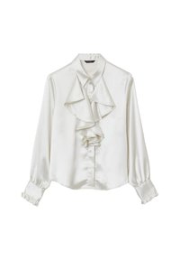 Weißes Seidenblusenshirt mit gerüschter Vorderseite, langen Ärmeln mit elastischen Manschetten und einem klassischen Kragen mit glänzender Oberfläche.