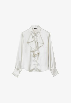 Weißes Seidenblusenshirt mit gerüschter Vorderseite, langen Ärmeln mit elastischen Manschetten und einem klassischen Kragen mit glänzender Oberfläche.