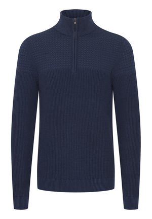 Maglione a maglia blu navy con collo alto e chiusura a mezza zip. Corpo texturizzato con orlo e polsini a coste. Adatto per essere indossato a strati.
