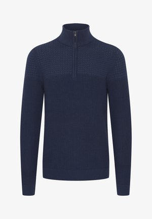 Maglione a maglia blu navy con collo alto e chiusura a mezza zip. Corpo texturizzato con orlo e polsini a coste. Adatto per essere indossato a strati.