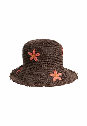 Brown woven bucket hat decorated with small pink embroidered flowers and a slightly frayed brim.