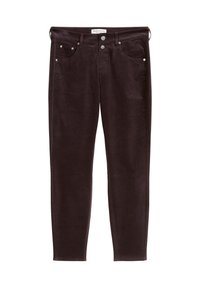Donkerbruine corduroy broek met een slim fit, vijf-pocket ontwerp en zichtbare stiksels. Bevat twee voorzakken en een merklabel.