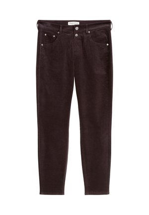 Pantalon en velours côtelé marron foncé avec une coupe slim, un design à cinq poches et des coutures visibles. Comprend deux poches avant et une étiquette de marque.