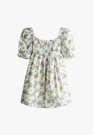 Vestido blanco con estampado floral en amarillo, morado y azul, corpiño fruncido, mangas cortas abullonadas y escote cuadrado.