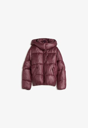 Maroon, puffy, hooded jacket with a glossy finish. Features two side pockets and a button closure at the front. Quilted design throughout.