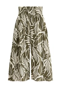Green and white wide-leg pants featuring a leaf pattern, with an elastic waistband and smooth fabric texture.