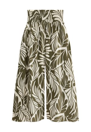 Pantalones de pierna ancha en verde y blanco con un patrón de hojas, con una cintura elástica y una textura de tela suave.