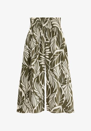 Green and white wide-leg pants featuring a leaf pattern, with an elastic waistband and smooth fabric texture.