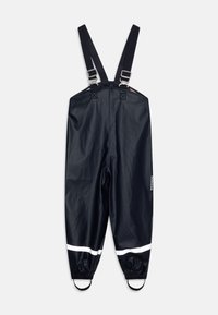 Marineblauwe waterdichte overalls met verstelbare banden, reflecterende witte strepen aan de onderkant en elastische manchetten voor een veilige pasvorm.