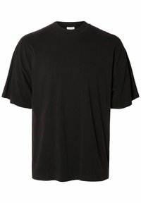 Camiseta negra de gran tamaño de manga corta con cuello redondo, mostrada plana sobre un fondo blanco.