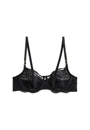 Mustast pitsist rinnahoidja traadiga, reguleeritavate õhukeste rihmade ning kuldse tooni rõngastega igal rihmal.