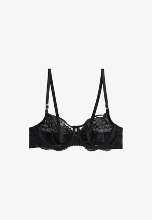 Soutien-gorge noir en dentelle avec armatures, bretelles fines réglables et détails d'anneaux dorés sur chaque bretelle.