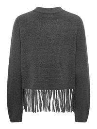 Dunkelgrauer Langarm-Strickpullover mit Rundhalsausschnitt und Fransen am unteren Saum.