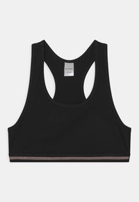Sort sports-bh lavet af ribbet stof, med racerback-design og en tynd dekoreret kant forneden. Størrelsesmærke synligt indeni.