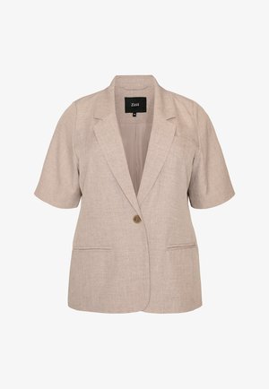 Blazer beige à manches courtes avec fermeture par un bouton unique, revers en cranté, deux poches fendues à l'avant, et texture douce semblable au lin.