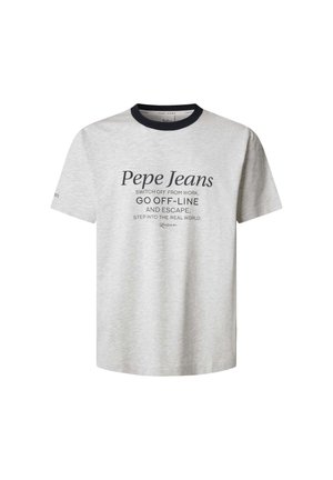 Light grey cotton t-shirt with a round navy collar. Features bold black text: "Pepe Jeans," with additional printed phrases below.