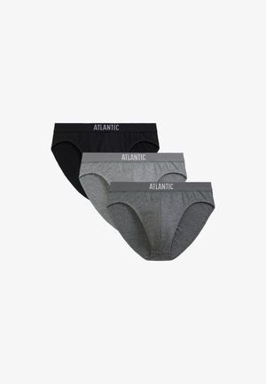 Trzy męskie slipy w kolorze czarnym i dwóch odcieniach szarości, każdy z paskiem oznaczonym napisem "ATLANTIC".