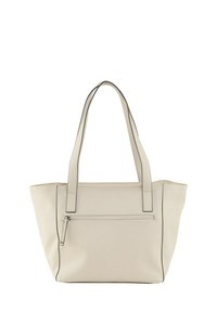 Beige Tragetasche mit langen Griffen, aus synthetischem Material hergestellt. Sie hat eine Reißverschlusstasche auf der Vorderseite und kontrastierende dunkle Nähte.