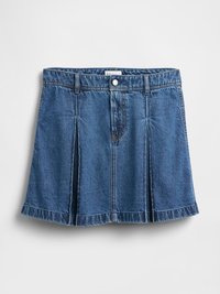 Jupe en denim bleu avec une taille ajustée, fermeture à boutons sur le devant et design plissé. Présente un ourlet net et une texture douce.