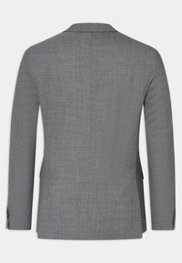 Blazer grigio con un tessuto testurizzato, con una fessura al centro sul retro e chiusura a due bottoni sulle maniche, caratterizzato da un classico design a risvolto.