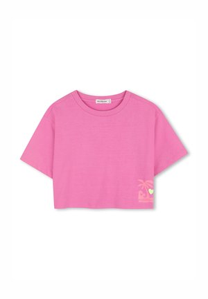 T-shirt court rose en tissu doux, avec un col rond et des manches courtes. Présente un petit dessin jaune de palmier et de cœur.