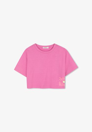 Roze cropped t-shirt van zachte stof, met een ronde hals en korte mouwen. Voorzien van een klein geel ontwerp met een palmboom en een hart.