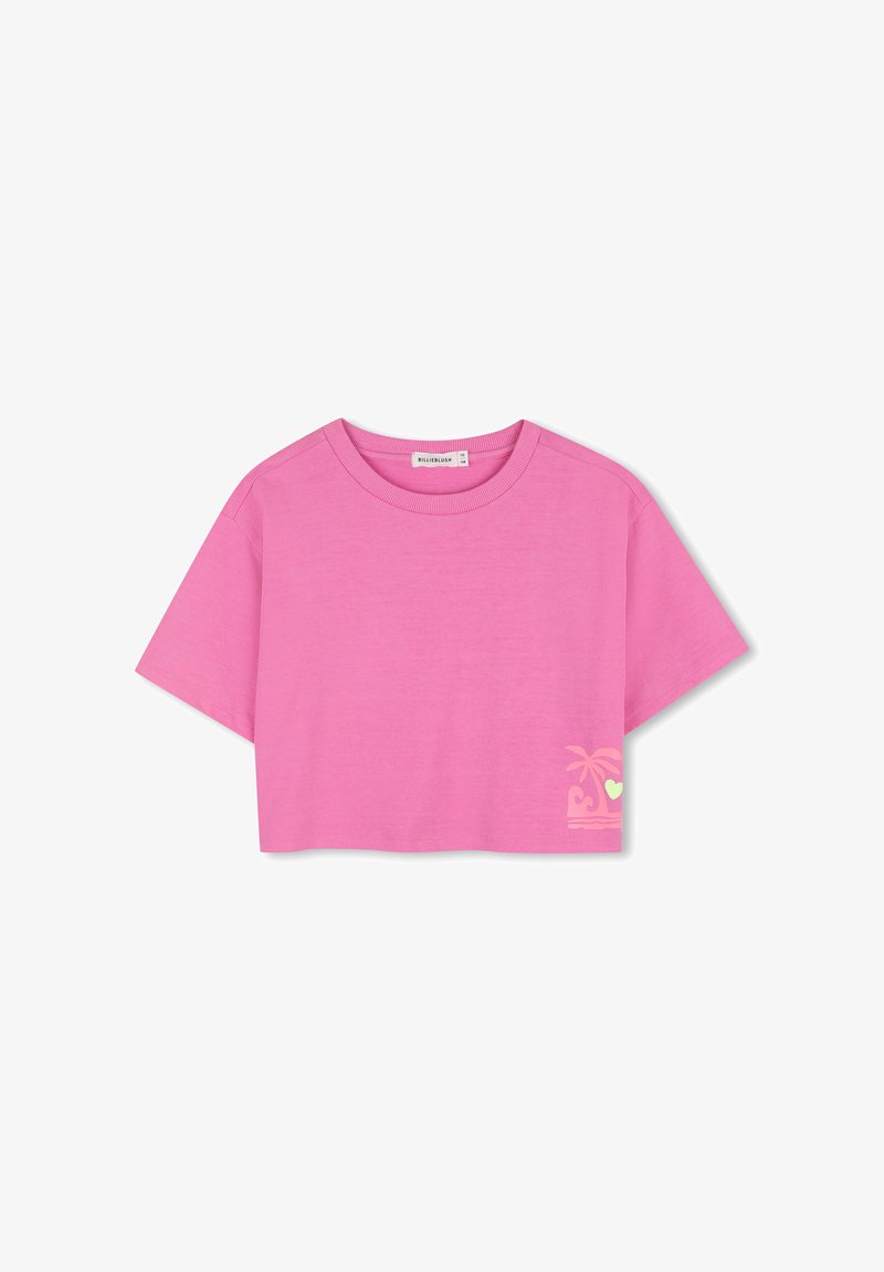 T-shirt court rose en tissu doux, avec un col rond et des manches courtes. Présente un petit dessin jaune de palmier et de cœur.