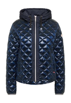 Dunkelblaue gesteppte Pufferjacke mit Kapuze, aus glänzendem Stoff, diagonalem Rautenmuster und einem Frontreißverschluss mit silbernen Akzenten.