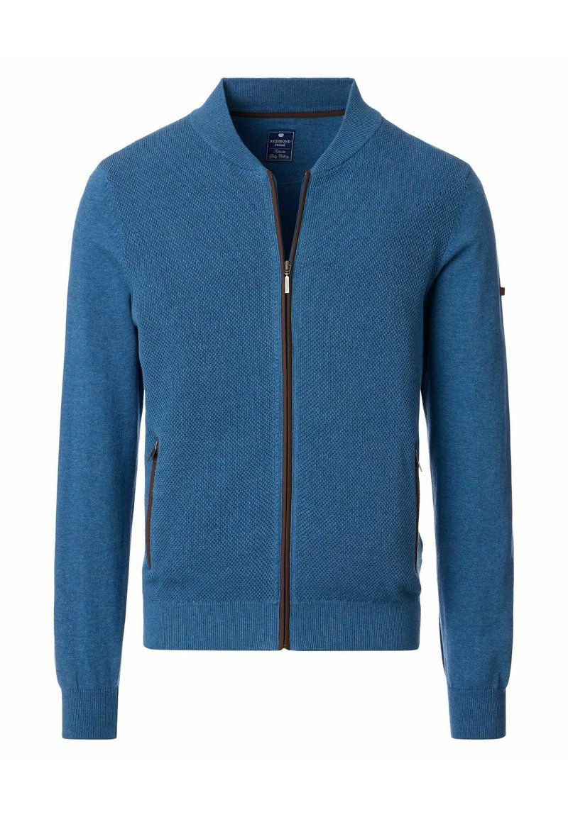 Niebieska bomberka wykonana z teksturowanej dzianiny, z zapięciem na zamek, prążkowanymi mankietami oraz kieszeniami bocznymi z brązowymi akcentami.