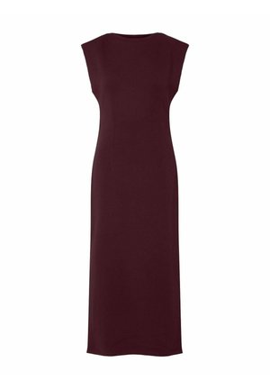 Burgunderfarvet, ærmeløs kjole med lige snit, rund halsudskæring og knælangt design. Fremstillet af glat, strækbart stof. Ingen synlige udsmykninger.
