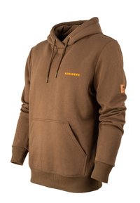 Felpa marrone con tasca a marsupio frontale, cappuccio con cordini, polsini e orlo a costine, con logo "FORSBERG" giallo sul petto.