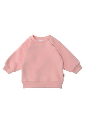 Różowa bluza z raglanowymi rękawami, ściągaczami na mankietach i zaokrąglonym dekoltem. Tkanina wydaje się miękka i gładka, z niewielką elastycznością.