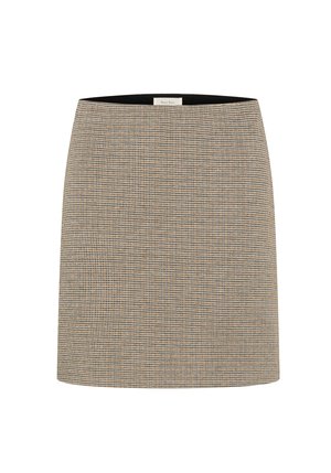Geruite mini-jurk in beige en zwart stof, met een rechte snit, zonder zakken, en een gladde textuur met een verborgen tailleband.