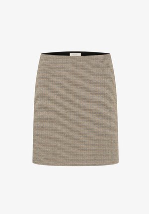 Kockás mini szoknya bézs és fekete anyagból, egyenes szabással, zsebek nélkül, sima textúrával és rejtett derékpánttal.