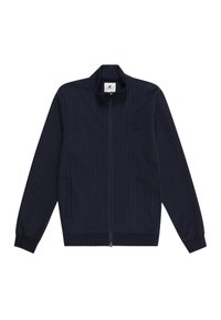 Chaqueta navy con rayas blancas verticales, cierre de cremallera, cuello alto, bolsillos laterales y puños y dobladillo de canalé. Logo minimalista en el pecho.