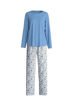 Blue long-sleeve top and white pajama pants with a floral pattern in blue, purple, and green tones. Soft fabric with a relaxed fit.